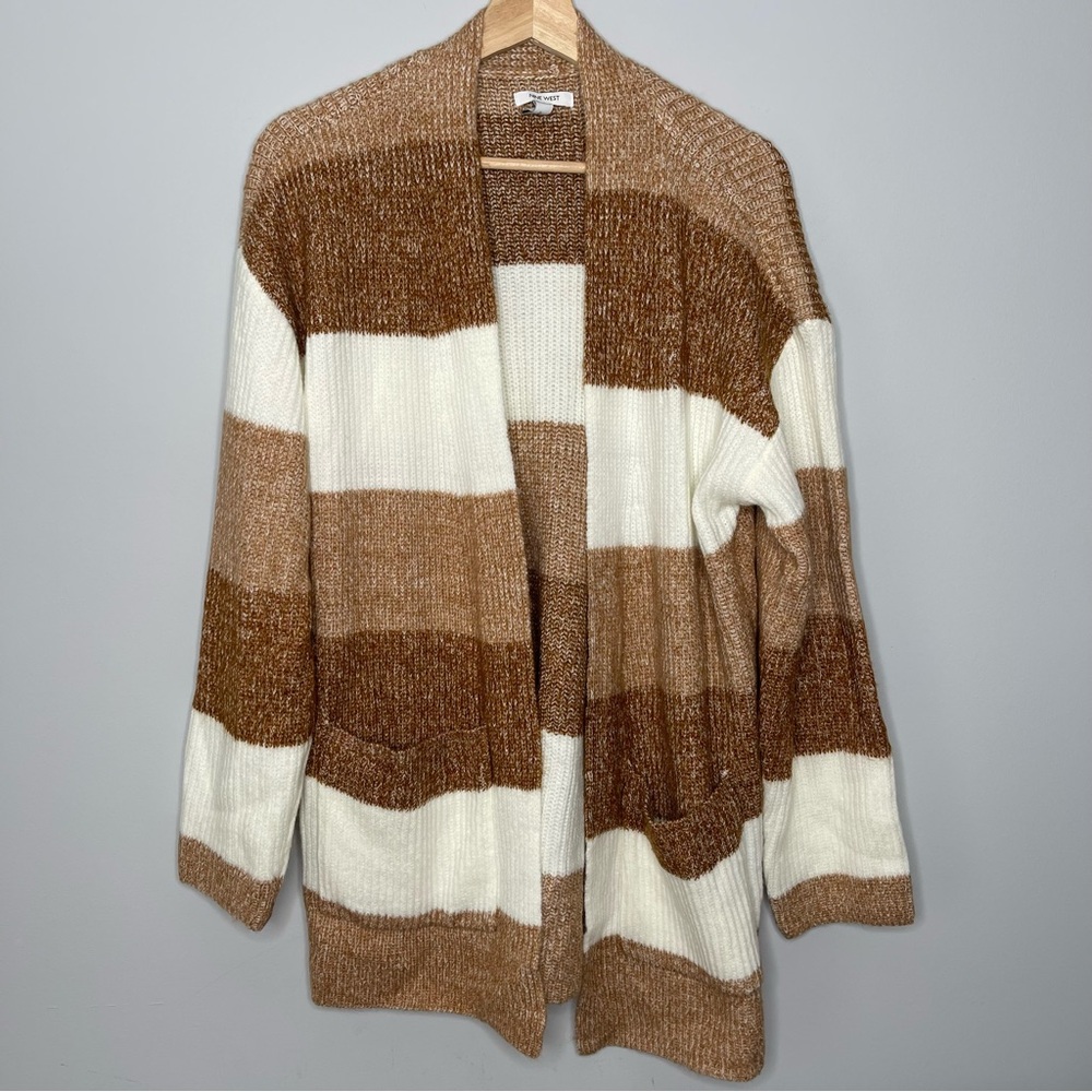 Nine West Colorblock Striped Brown Tan‎ Open Front Cardigan (X-Large)